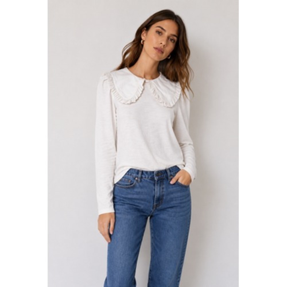 Nation LTD Womens Peter Pan Collar Long Sleeve Top XS Ivory Minimalist Layer
